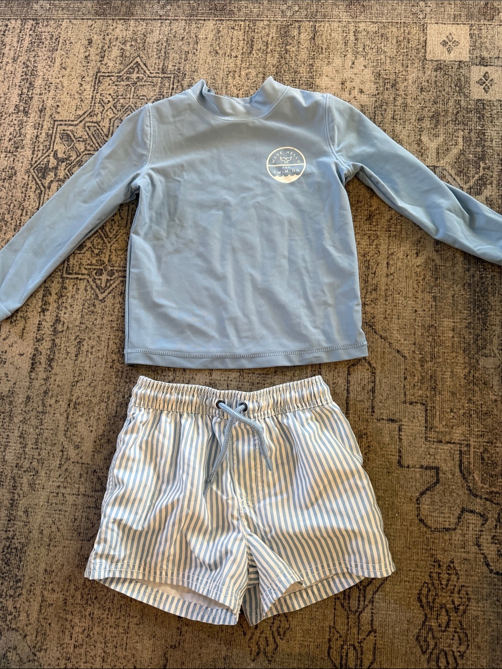 Carters Kids Two-Piece Light Blue Rash Guard and Striped Swim Shorts Set
